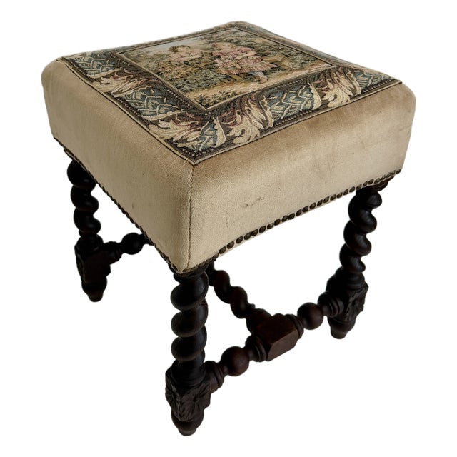 Antique French Tapestry Barley Twist Stool For Sale