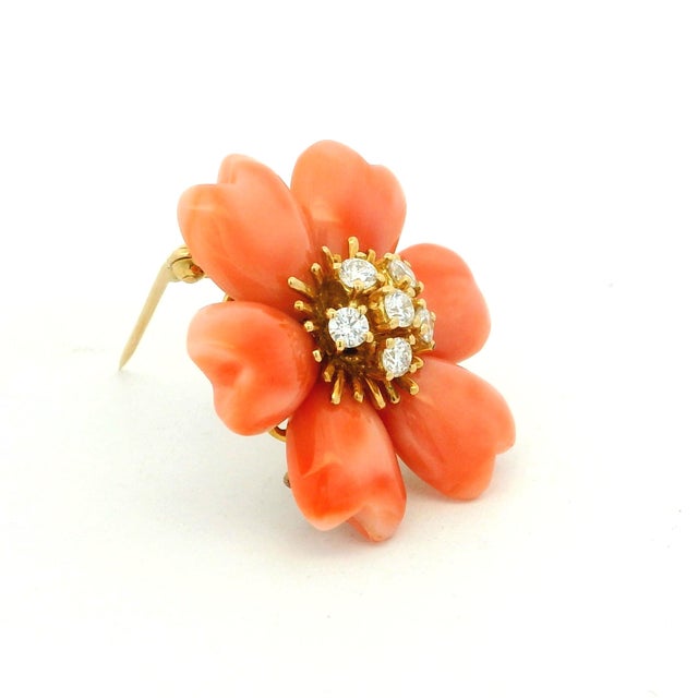 Mid-Century Modern Italian Carved Coral & Diamond 18k Gold Flower Brooch Pendant, Circa 1970 For Sale - Image 3 of 13