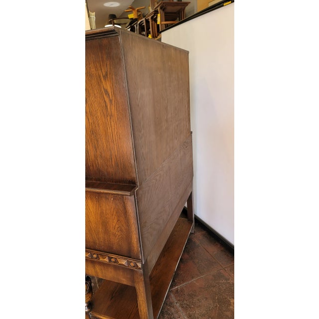 Brown Antique 1920's Jacobean Revival Cocktail Cabinet Spanish Revival Tudor Oak Sideboard For Sale - Image 8 of 13