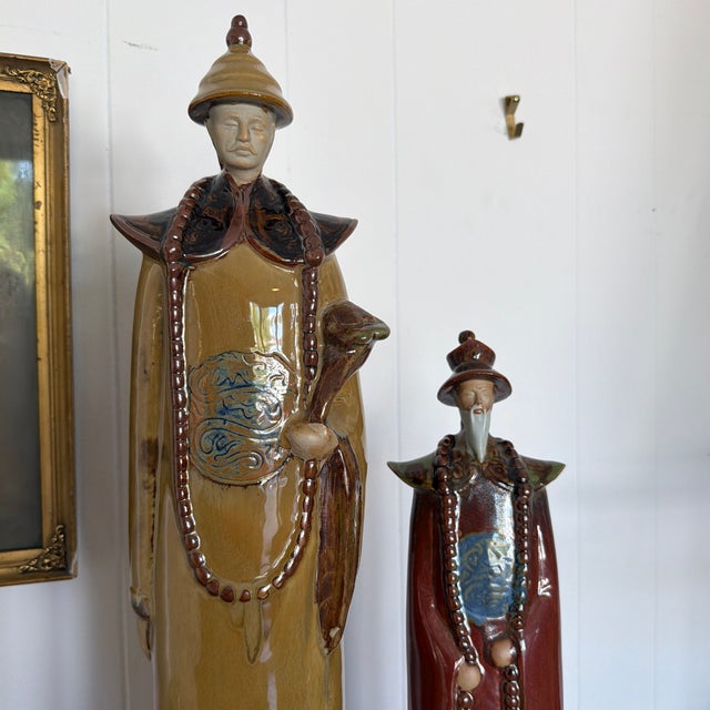 Asian Mid 20th Century Pair of Monumental Asian-Inspired Glazed Ceramic Court Figures For Sale - Image 3 of 12