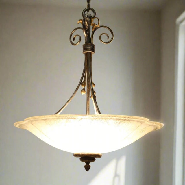 Iridescent Glass Flower Pendant Light | Wrought Iron Detail For Sale - Image 9 of 11