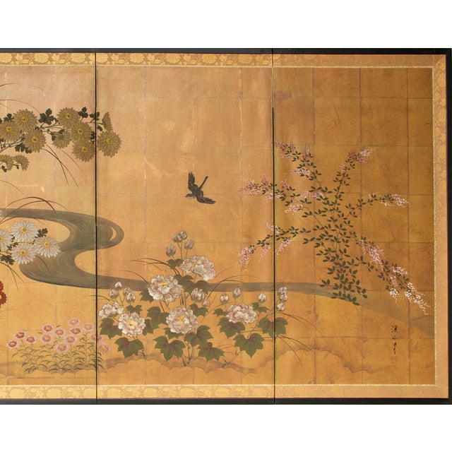 Japanese "Flowers of the Four Seasons", 1970s Showa Era Japanese Painted Byobu Screen For Sale - Image 3 of 18