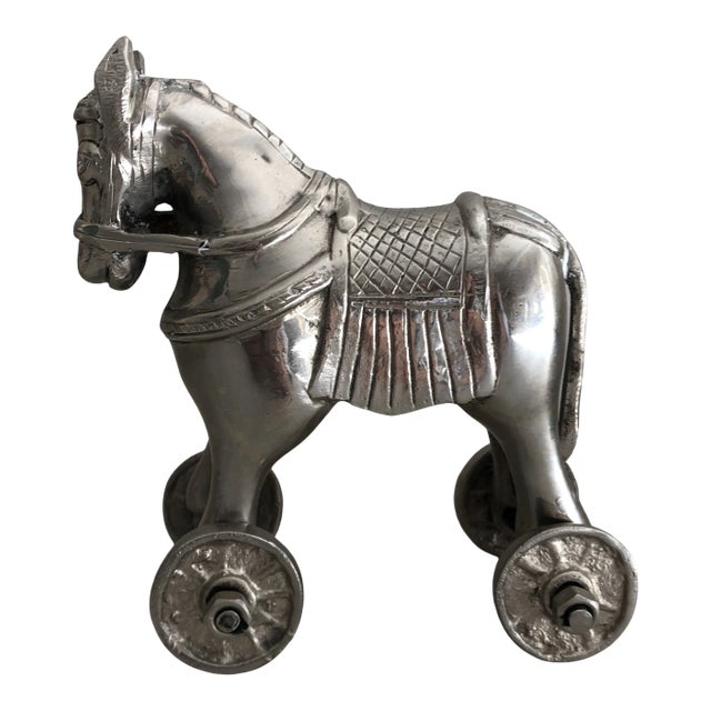 Early 20th Century Small Metal Horse on Wheels Sculpture/Toy, Made in India For Sale