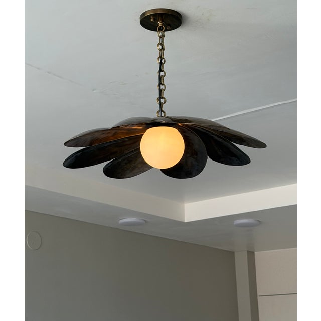 Black Handmade Black Antique Brass Finish Pendant Light, Floral Metal Ceiling Light, Milk Glass Globe, Vintage Home Decor For Sale - Image 8 of 13
