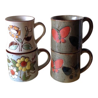 Stoneware Butterfly & Floral Mugs - Set of Four For Sale