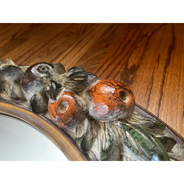 French Country Vintage La Barge Hand-Carved & Hand-Painted Italian Fruit Motif Beveled Round Wall Mirror, 30⅛" For Sale - Image 3 of 12