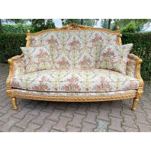 Wood Late 20c Handcrafted Louis XVI Gold Beech Silk Cotton Settee For Sale - Image 7 of 11