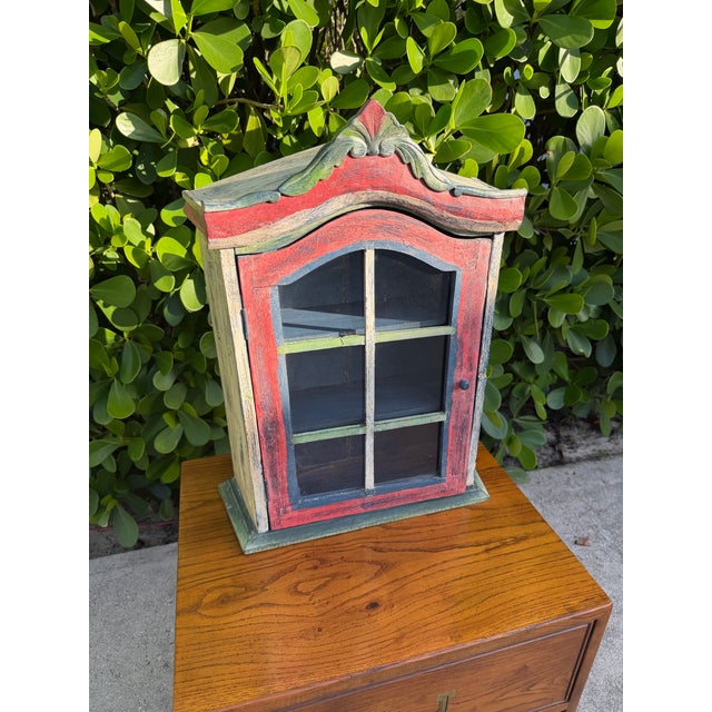 Rustic Vintage Handcrafted Folk Art Wall Cabinet With Distressed Polychrome Finish For Sale - Image 3 of 12