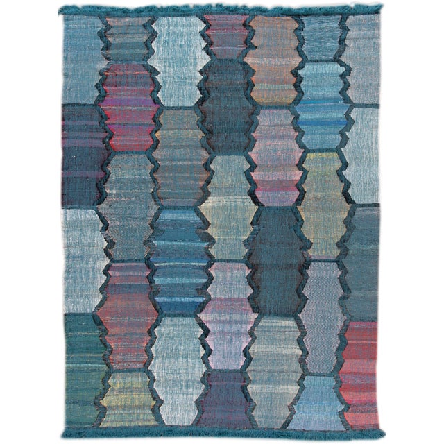 Contemporary Multi-Color Kilim Handmade Geometric Wool Rug For Sale - Image 9 of 9