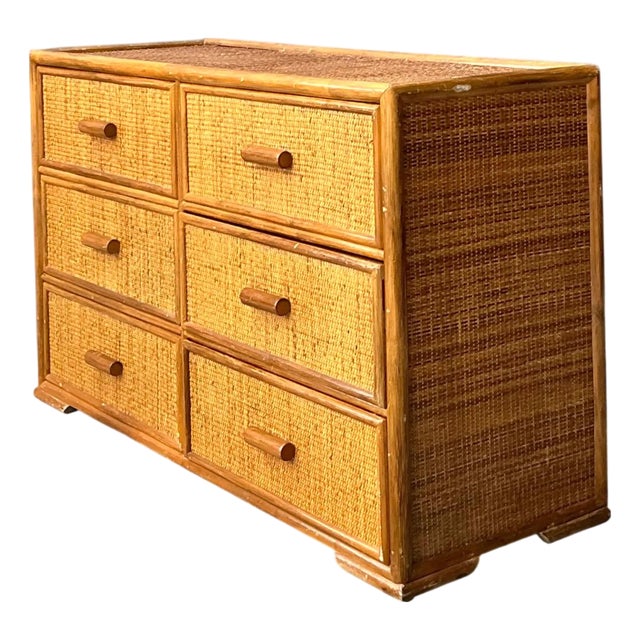 Vintage Six-Drawer Rattan Dresser For Sale