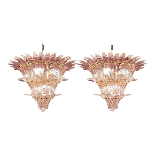 Mid-Century Modern Pink “Palmette” Murano Glass Chandeliers - a Pair For Sale