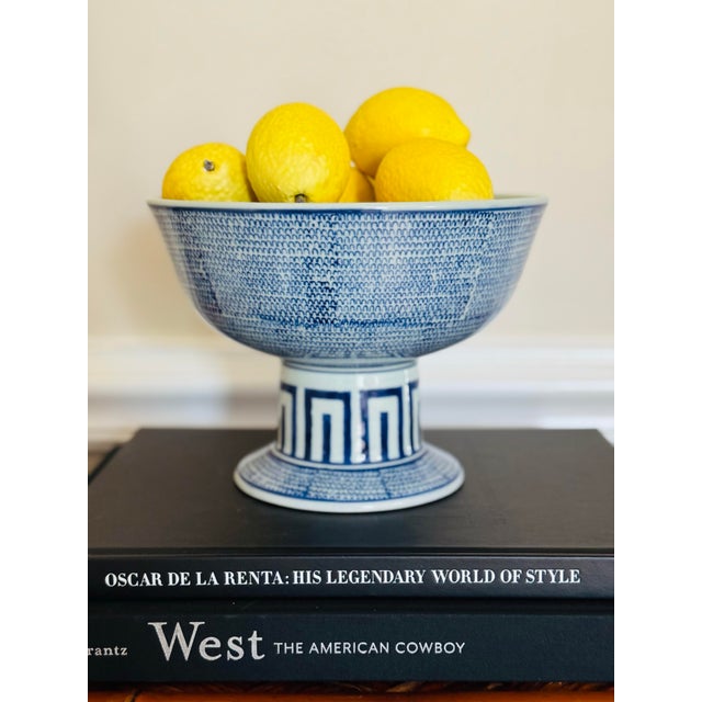 Japanese Antique Japanese Hand Haisen Bowl- Large Footed Blue and White Pedestal Bowl For Sale - Image 3 of 9