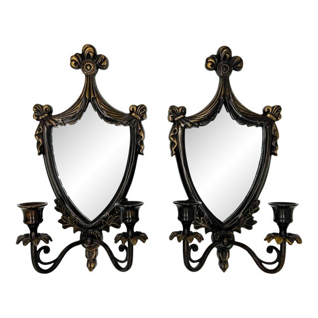 Vintage French Revival Mirrored Candle Sconces – Shield Back – Ribbon & Fleur Motif – A Pair For Sale