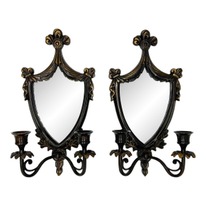 Vintage French Revival Mirrored Candle Sconces – Shield Back – Ribbon & Fleur Motif – A Pair