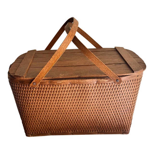 Mid 20th Century Slatted Top Wooden and Wicker Picnic Basket For Sale