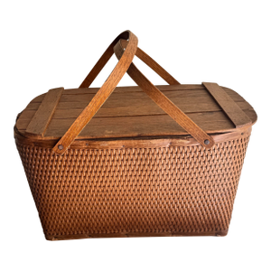Mid 20th Century Slatted Top Wooden and Wicker Picnic Basket