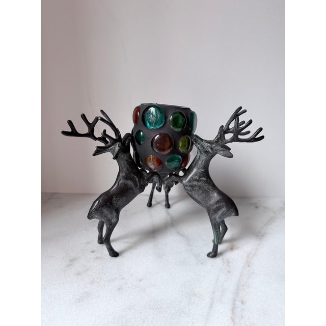 Vintage Cast Iron Reindeer Candle Holder With a Multi-Colored Glass Pillar For Sale In Greensboro - Image 6 of 14