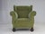 1950s, Danish relax armchair. Green furniture velour fabric, ash wood legs, springs in the seat and back. The chair was...