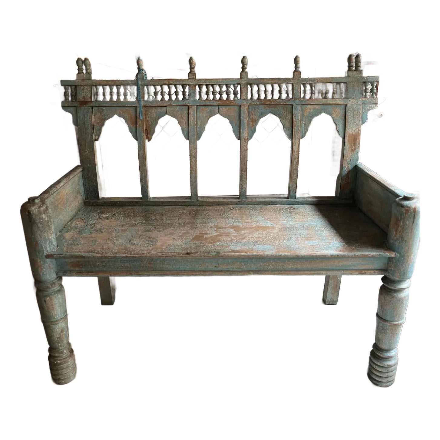 1950s Vintage Light Blue Indian Bench With Back | Chairish