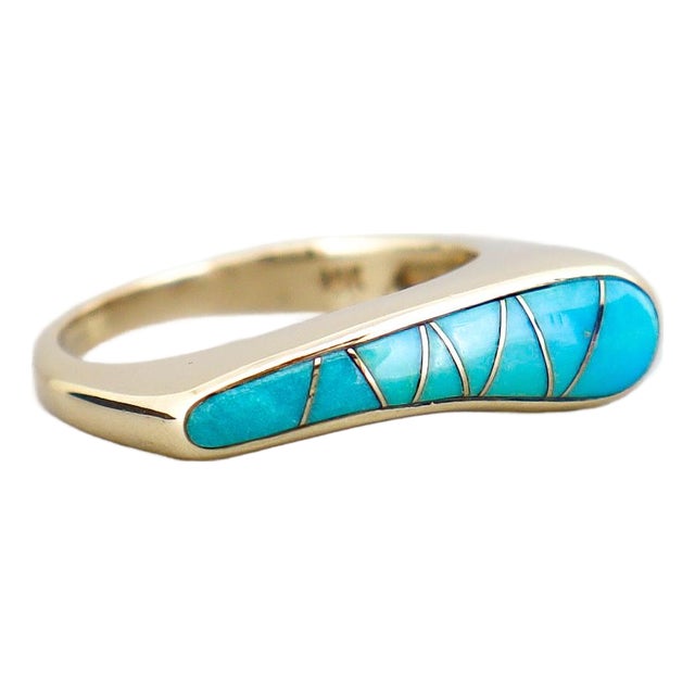 Vintage Modernist 14k Gold & Turquoise Cabochon Cocktail Ring For Sale