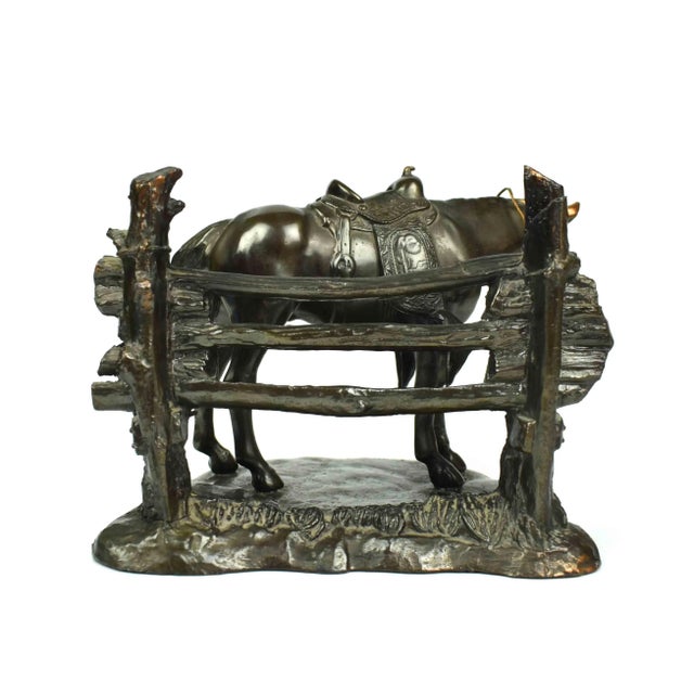 Metal Mid 20th Century Solid Bronze Horse Standing by Fence Figurine Model For Sale - Image 7 of 10