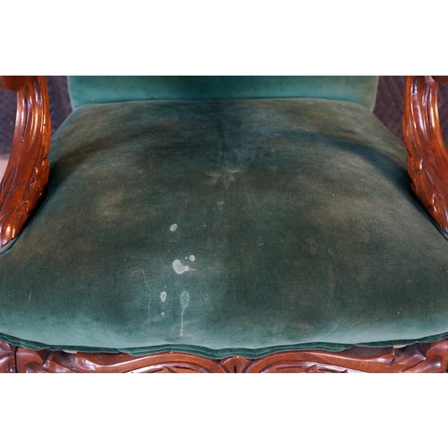 Victorian Revival Carved Mahogany Velvet Upholstered Library Reading Armchair For Sale - Image 6 of 18