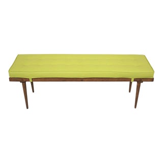 Restored Mid-Century Slatted Wood Bench With Green Vinyl Cushion For Sale