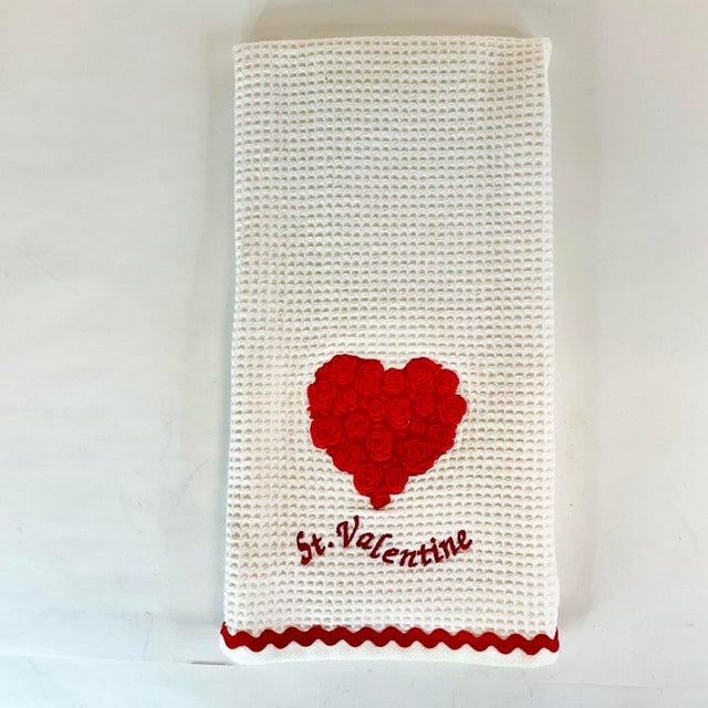 Vintage Hollywood Regency St. Valentine Waffle Kitchen Towel With Roses Heart For Sale - Image 9 of 13