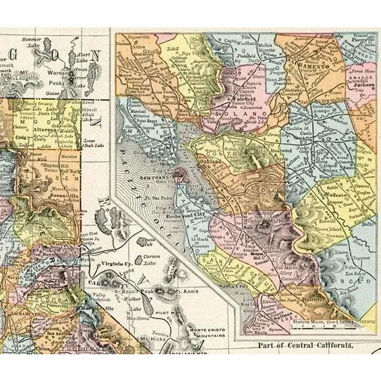Illustration 1910 California Map Including Bay Area, Original Color Lithograph For Sale - Image 3 of 4
