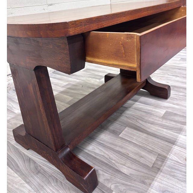 Antique Mission Oak Trestle Pedestal Base Library Table Console Hall Table For Sale - Image 11 of 14