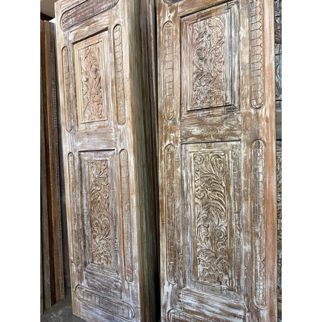 Antique Hand-Carved Wooden Door Panel – Distressed Whitewash Floral Barn Door 96x27 For Sale - Image 4 of 6