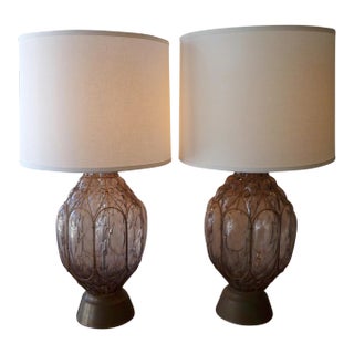 Mid-Century Dusty Rose Glass & Brass Table Lamps - a Pair For Sale