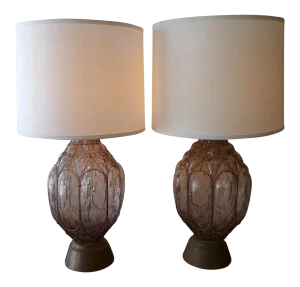 Mid-Century Dusty Rose Glass & Brass Table Lamps - a Pair
