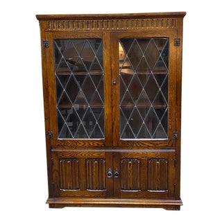 English Oak Jacobean Style Bookcase W/ Leaded Glass Doors C.1940 For Sale