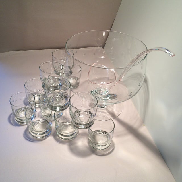 Vintage Etched Crystal Punch Bowl & Ladle With Glasses Set of 14
