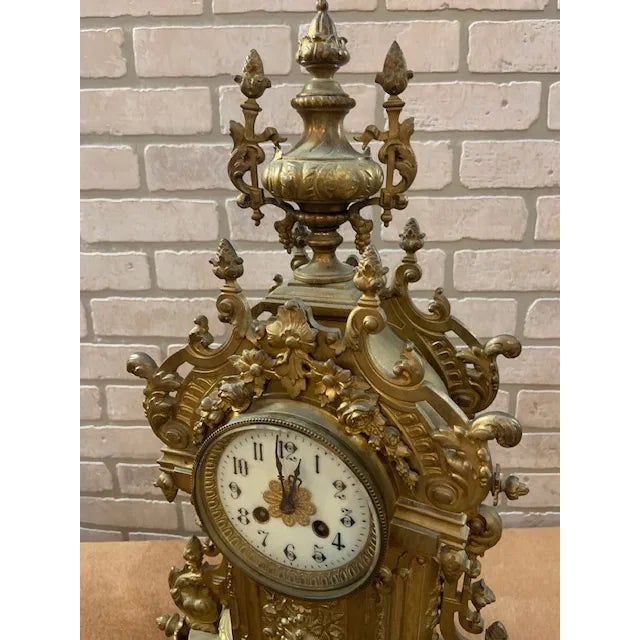 Metal Antique Gilt Bronze Mantle Clock and Two Candelabras - 3 Piece Garniture Set For Sale - Image 7 of 12
