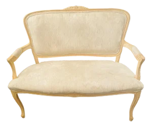 20th Century French Louis XVI Style Vintage Cream Settee, Loveseat– Carved Wood Frame With Upholstered Seat