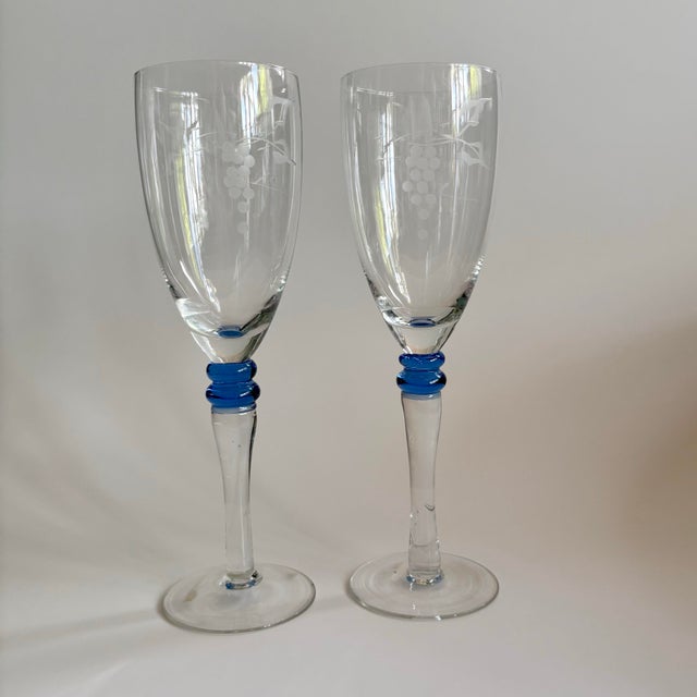 Vintage Champagne Flutes Etched Grape Design With Blue Stem Detail - Set of 2 For Sale In Miami - Image 6 of 6