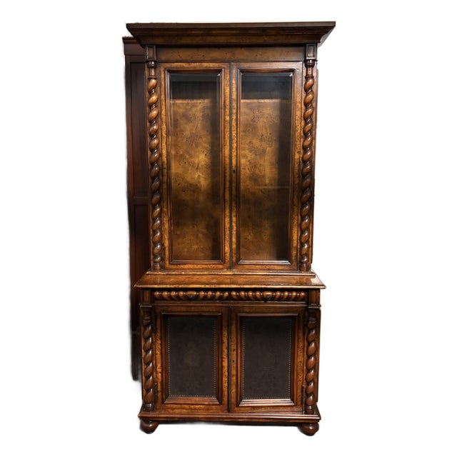 Bookcase or Display Cabinet Burl Wood and Twist Columns, Mid 20th Century For Sale