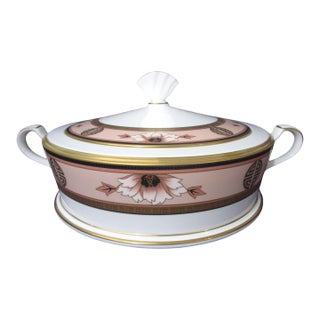Vintage Noritake Commemoration Round Covered Vegetable Dish With Lid Art Deco Stye Retired Peach Floral For Sale