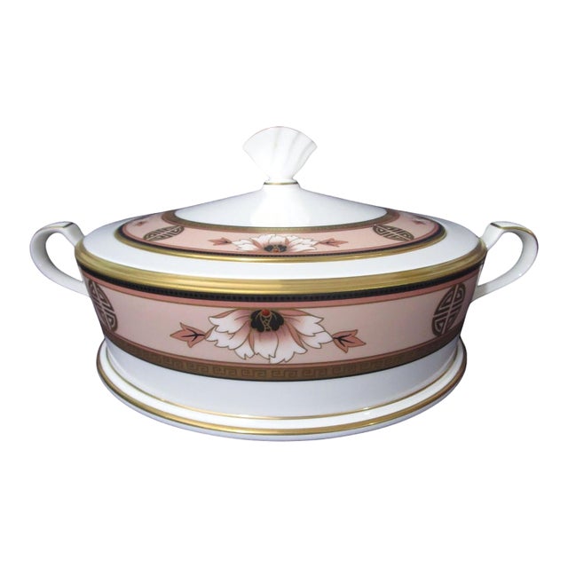 Vintage Noritake Commemoration Round Covered Vegetable Dish With Lid Art Deco Stye Retired Peach Floral For Sale