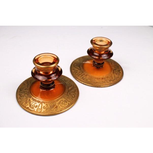 1930s Vintage 1930s Fostoria Amber Glass and Gold Candle Holders- Set of 2 For Sale - Image 5 of 9
