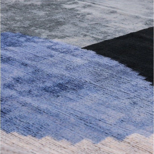 Handmade Silk Velvet Abstract Throw Pillow, Modern Blue, Black, and Gray Design With Down Feather Insert For Sale - Image 4 of 5