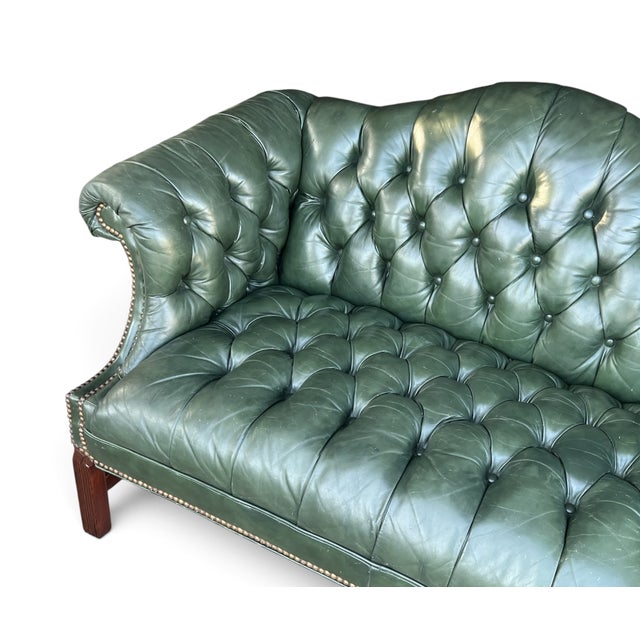 Vintage English Chippendale-Style Forest Green Tufted Leather Camelback Settee For Sale - Image 10 of 15