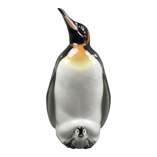 Mid 20th Century Hutschenreuther Germany Vintage Porcelain Penguin With Baby Sculpture Figure For Sale