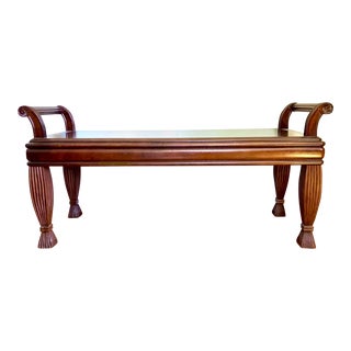 Mid 20th Century Vintage Carved Cherry Wood Italian Bench With Handle Arms and Reeded Gathered Legs For Sale
