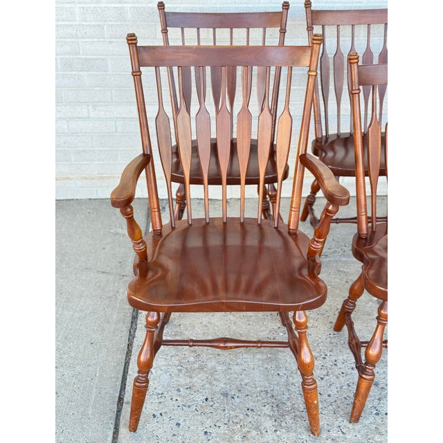 Wood Vintage Harden Solid Wood Dining Chairs Set of 6 Spindle Back Turned Legs For Sale - Image 7 of 12