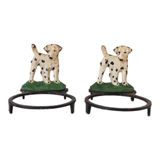 Pair of Vintage Cast Iron Dalmatian Dog Food & Water Bowl Holders For Sale