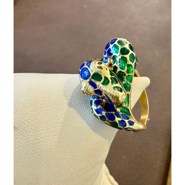 Blue & Green Enamel Snake Animal Cocktail Ring in 18 Karat Yellow Gold Size 5 For Sale - Image 9 of 18