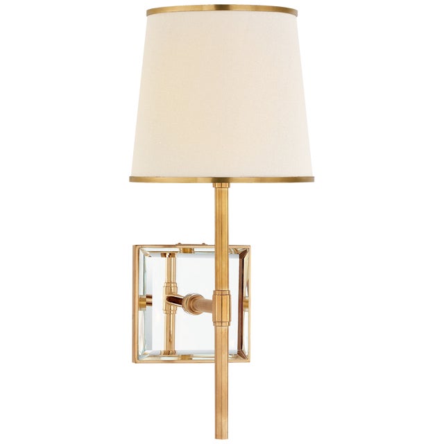 Kate Spade New York for Visual Comfort Signature Bradford Medium Sconce in Soft Brass & Mirror with Cream Linen Shade with Soft Brass Trim For Sale
